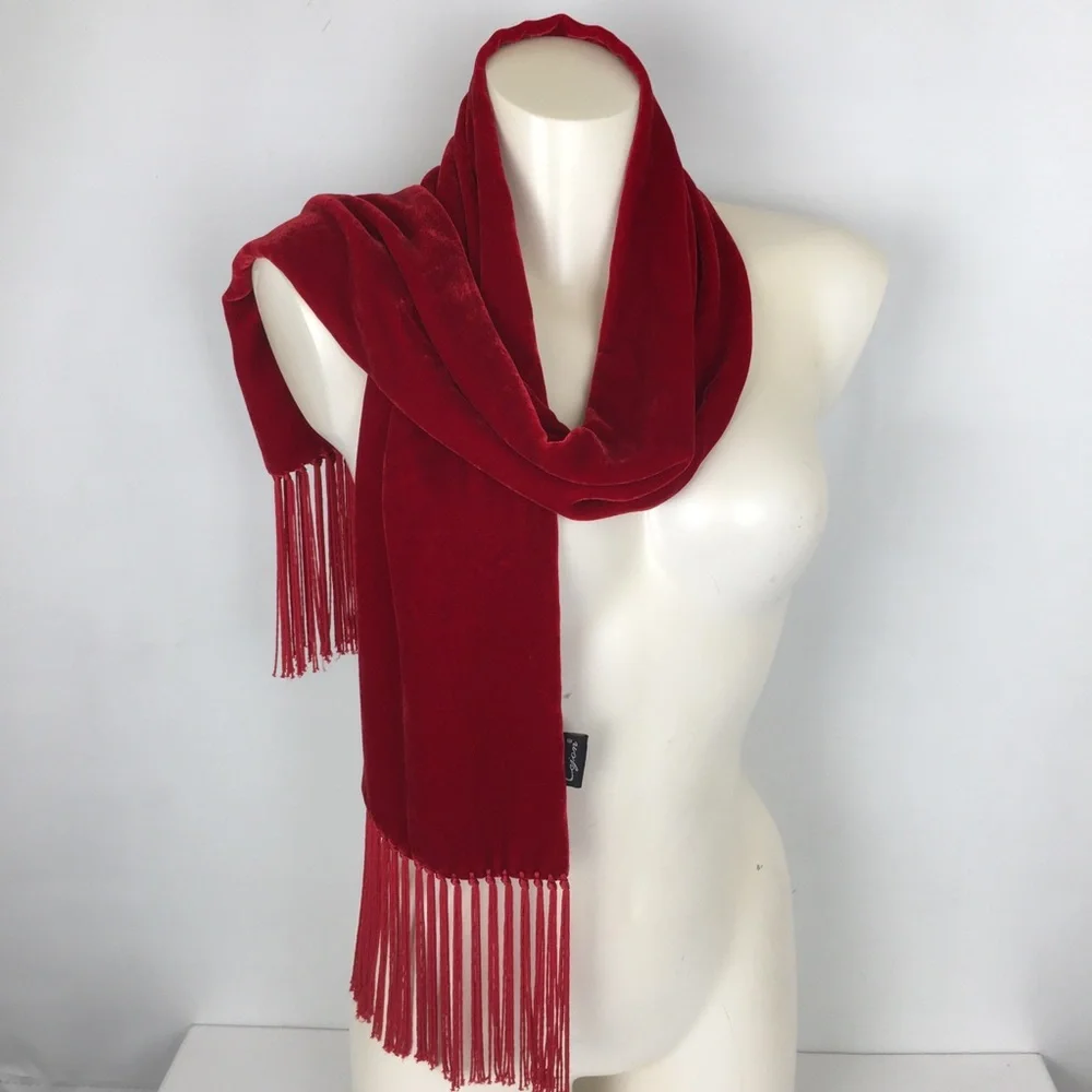Cejon Accessories Red Velvet Scarf Silk Blend With Fringe